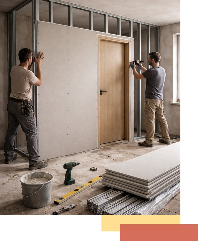 Перегородка из гипсокартона с дверью под ключ в Азнакаево