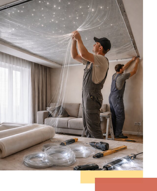 Монтаж натяжного потолка «Звездное небо» в Азнакаево