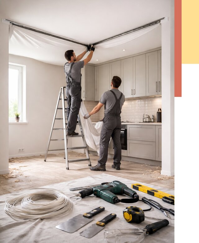 Установка натяжного потолка на кухне в Азнакаево от 2463 руб. | ОТДЕЛОЧНИК-Знк