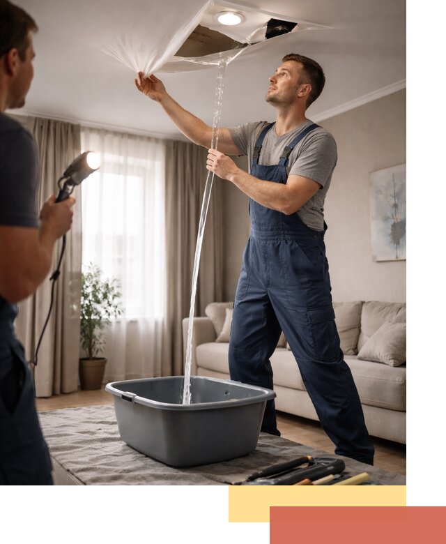 Слив воды с натяжного потолка в Азнакаево быстро и аккуратно