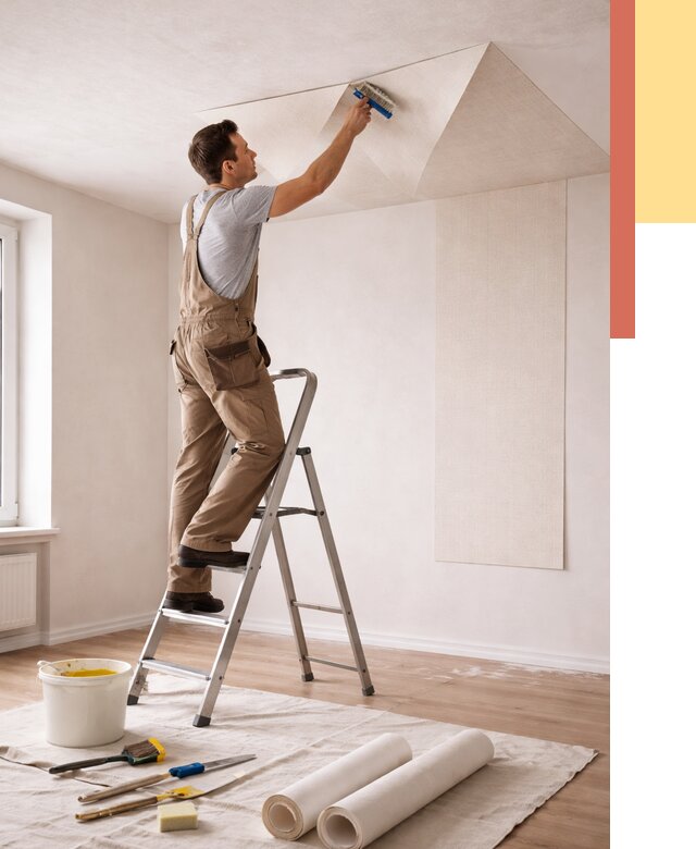 Поклейка обоев на потолок в Азнакаево от 4618 руб. быстро и недорого | ОТДЕЛОЧНИК-Знк